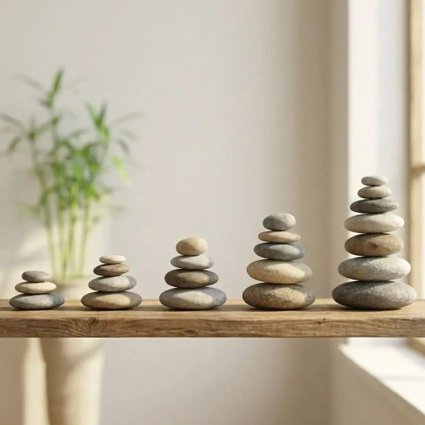 Illustration zen de galets empilés pour les chiffres clés de la formation en sophrologie